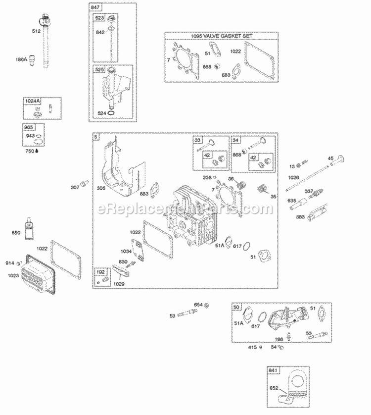 Cylinder Head Gasket Set - Valve Intake Manifold Lubrication Valves Diagram and Parts List for  Briggs and Stratton Engine